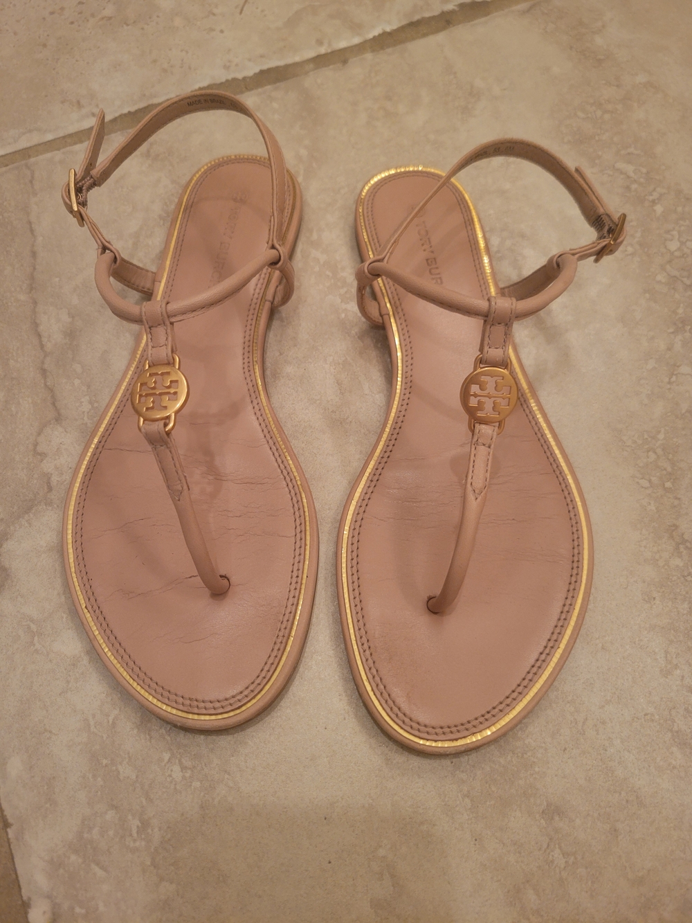 Tory Burch Women's Nude Leather Logo Thong Sandals, Size 6